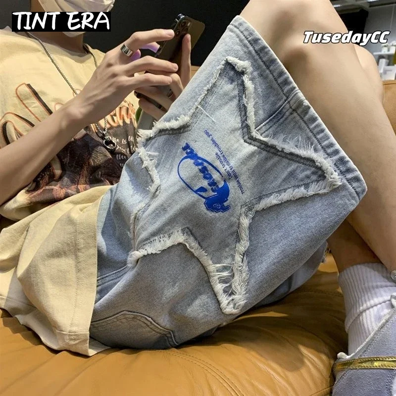 TINT ERA Y2K Mens Streetwear Breeches Star Korean Haruku Pocket Denim Hip Hop Cargo Short Pants Grunge Bermudas Jeans Shorts 2