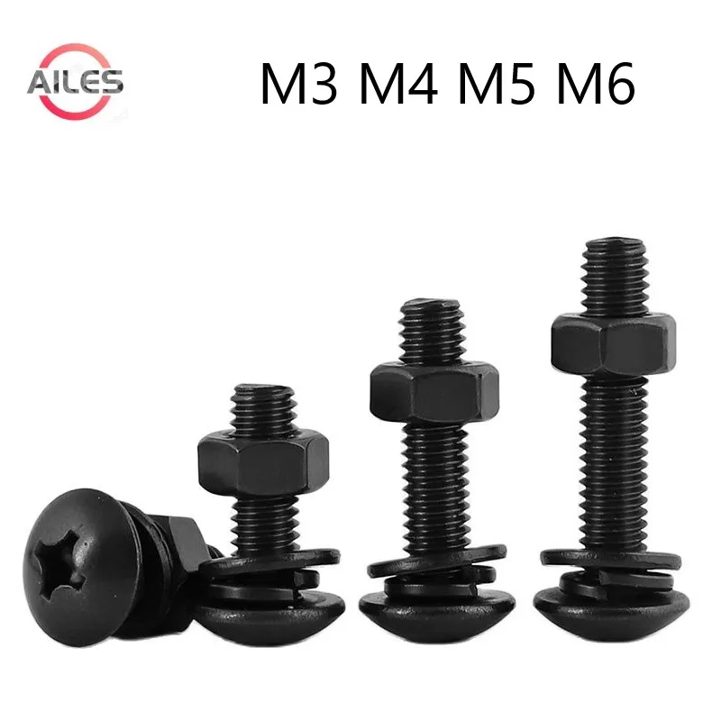 Cabeça do Fardo Philips Cabeça Redonda Cogumelo Máquina de Madeira Parafusos Arruelas Porcas Parafusos Conjunto Aço Inoxidável m3 m4 m5 m6 304 Preto
