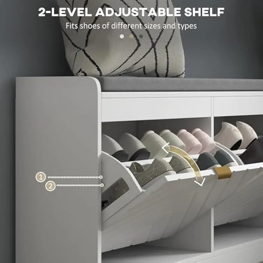 Shoe Bench, Entryway Bench with 2 Flip Drawers, Seating Cushion, and 2 Vents for 8 Pairs of Shoes for Hallway, White