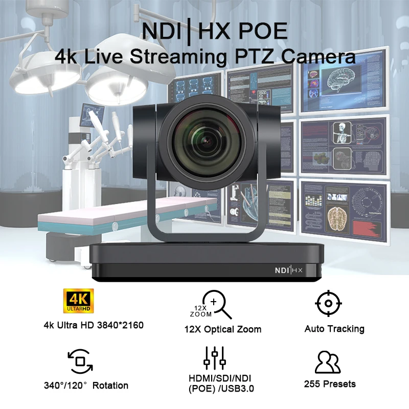 4k Ultra HD 2pcs NDI POE PTZ 12X Zoom Live Streaming Camera and 1PCS PTZ Controller for Video Conference Hospital Vmix