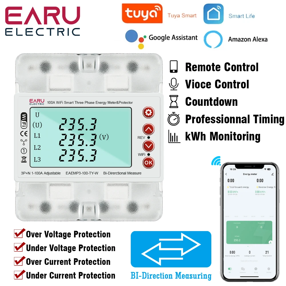 3 Phase 380V 100A Tuya WiFi Smart Bi-Directional Energy Power kWh Meter Over Under Voltage Protector Relay Switch Current Limit