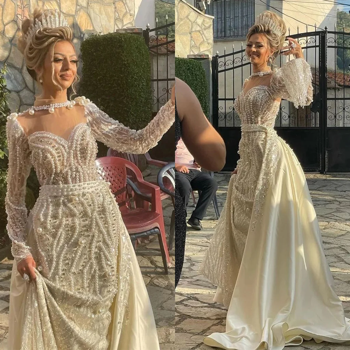 

Luxury Mermaid Wedding Dresses O-neck Illusion Pearls Appliques Lace Detachable Satin Train Bridal Custom Made Robe De Mariée