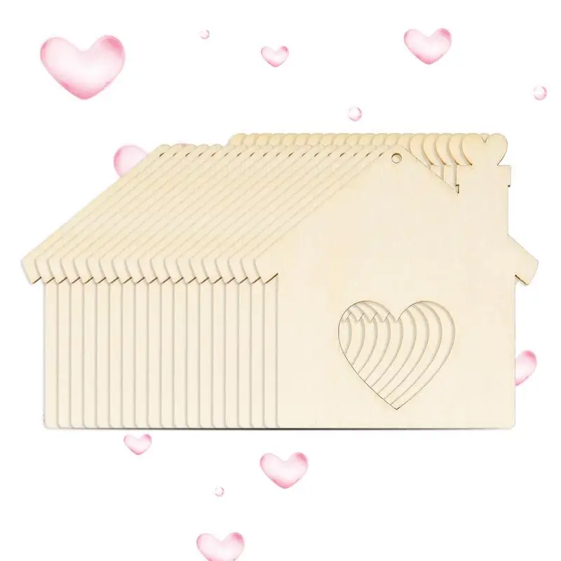 

20pcs Wooden House Cutout Ornaments Unfinished Wood Crafts For Craft Project Hollow Heart Design Wooden Sign Christmas Party