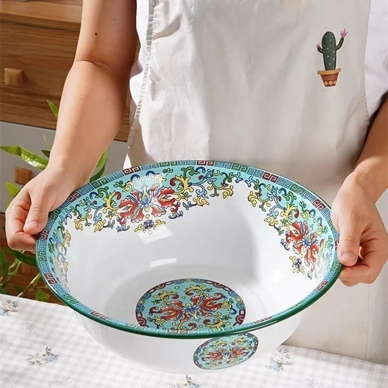 36CM Thickened Enamel Basin Kitchen Vegetable Basin Wash Basin Large Retro Old-fashioned Iron Bowls Plates Trays Lotus Pattern 2