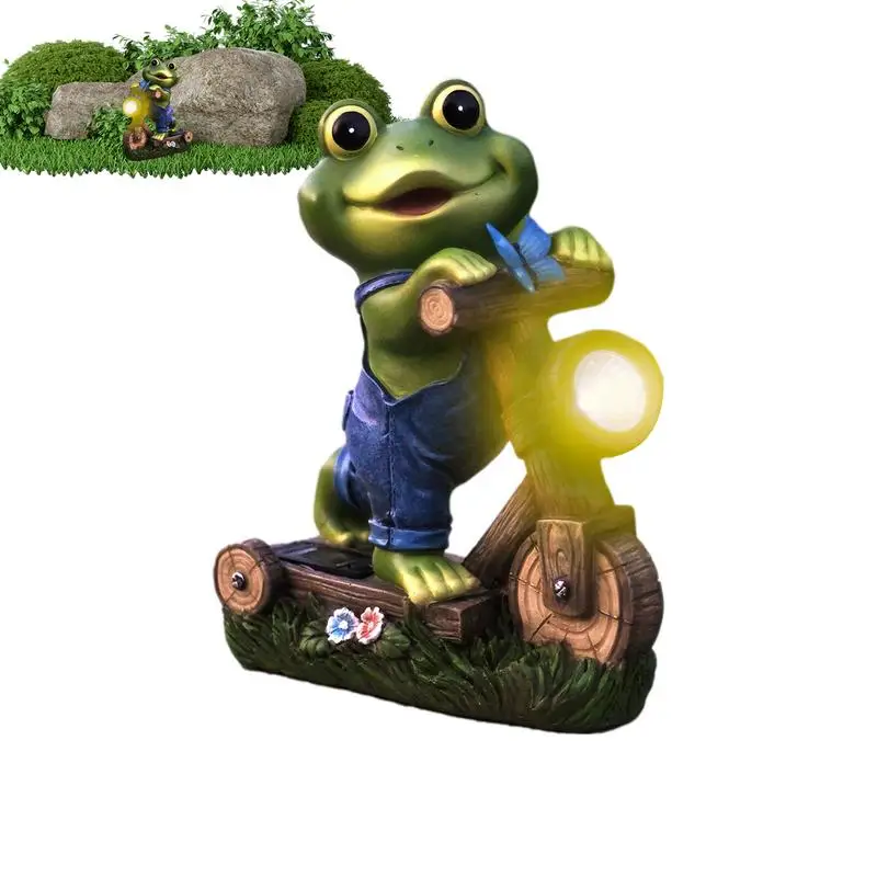 

Resin Frog Statue Frog Cycling Sculpture Decorations Garden Solar Energy Resin Figurines Cute Outdoor Light Figurine Happy