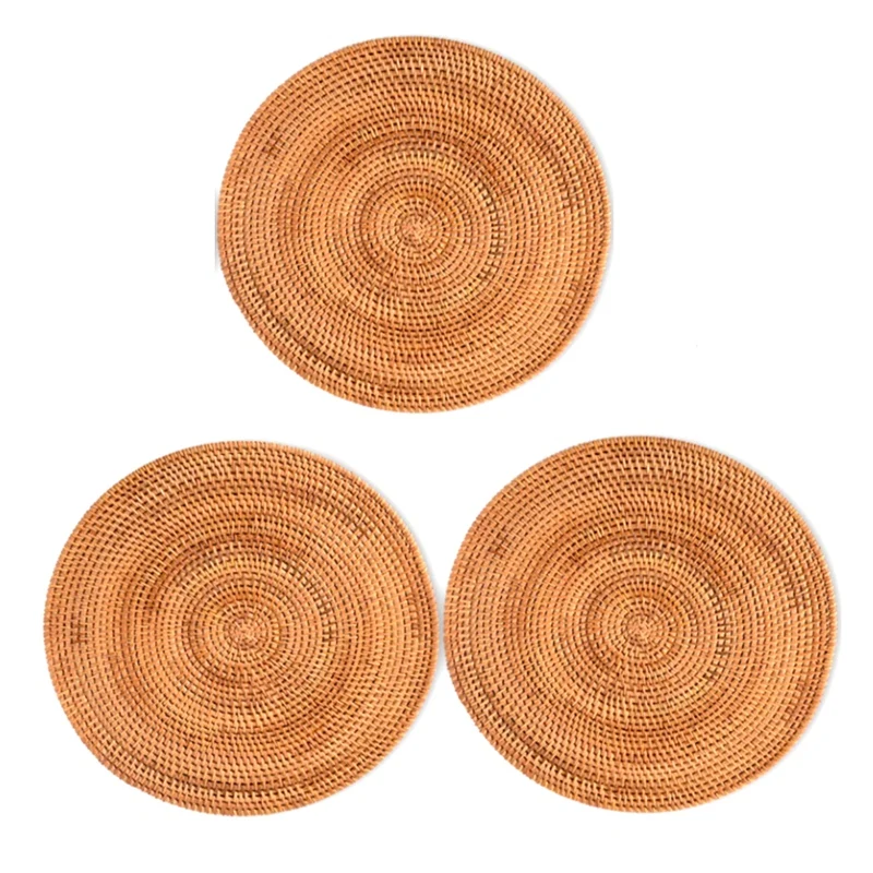 3 Pcs Handmade Round Natural Rattan Placemat Farmhouse Round Wicker Placemats for Dining Table,Wedding,Parties,BBQ's,Etc