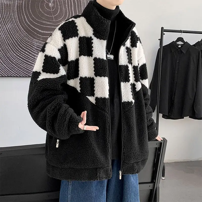 

Korean Autumn and Winter Men and Women Trend Personalized Plaid Standing Neck Plush Jacket Couple Lazy Casual Y2K Street Top