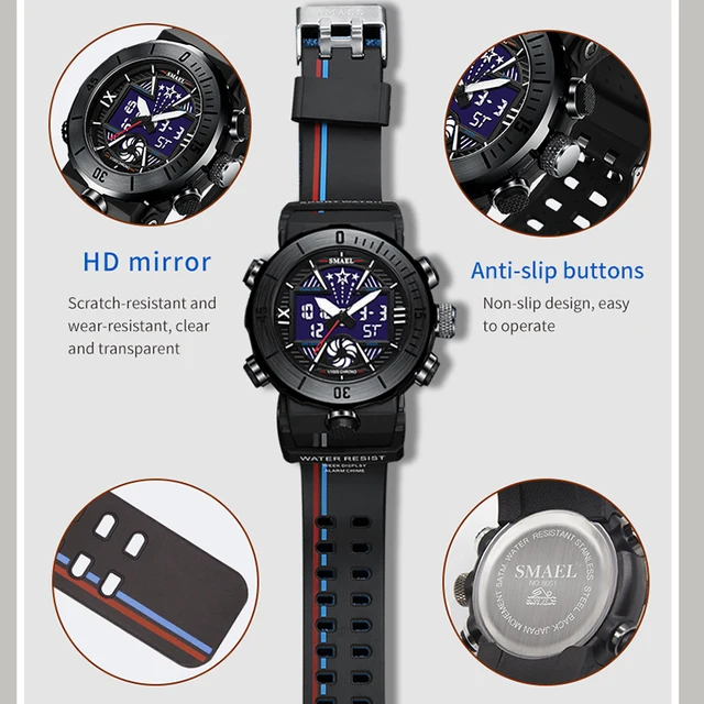 Nowy zegarek SMAEL z podwójnym wyświetlaczem wojskowa jakość męskie zegarki sportowe cyfrowy alarm 8051 wojskowy zegar Shock Led zegarek wodoodporny 3