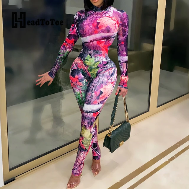 Multi Print Long Sleeve Bodysuit u0026 Skinny Pants Set Women Sexy 2 Piece Set  - Pant Sets - AliExpress