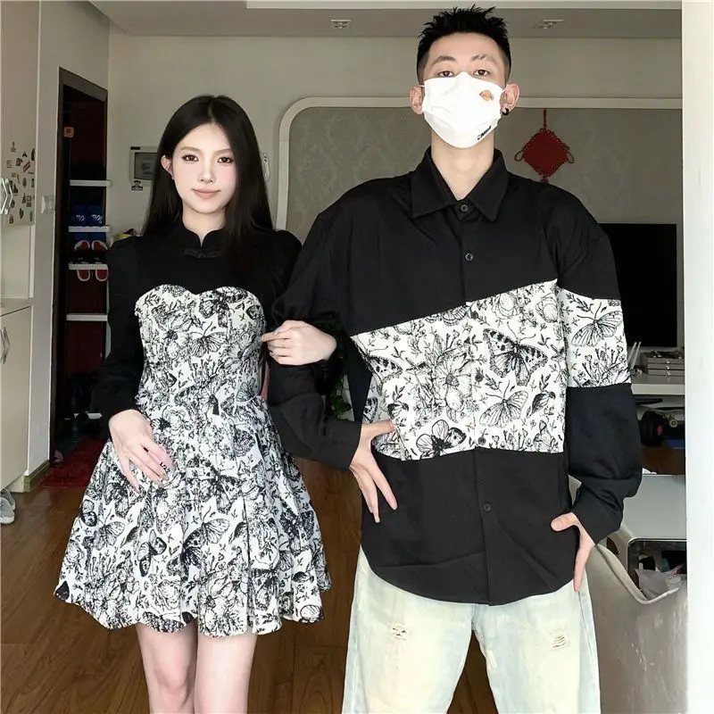 

New Chinese Couple Dress 2024 Spring and Autumn New Design Sense Shirt French Fashion Splicing Dresses Female Clothing