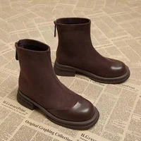 2025 Autumn/Winter British Style Women's Fashion Boots-Chunky Sole Slimming Ankle Boots with Leather & Flannel Panel Rear Zipper - Image 4