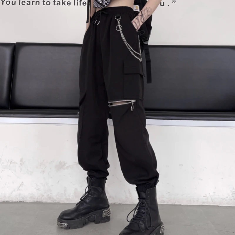 JUMPRS Cargo Women Pants Black High Waist Fashion Chain Casual Hole Zipper Summer Sweatpants Streetwear Gothic Jogger Pants cargo trousers