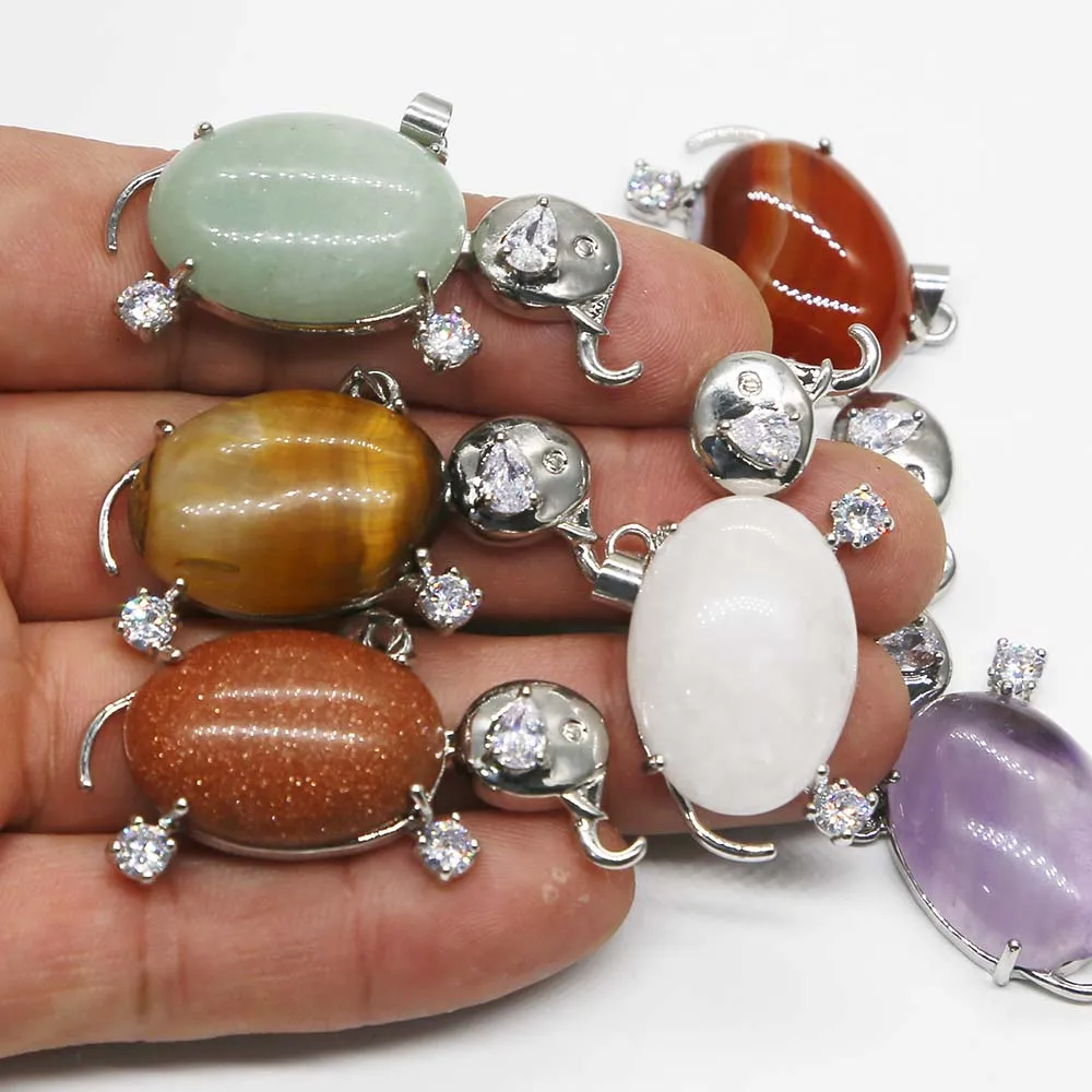 Natural Stone Crystal Agate Inset Stainless Steel Elephant Necklace Pendant DIY Jewelry Accessories Wholesale 6Pcs Free Shipping