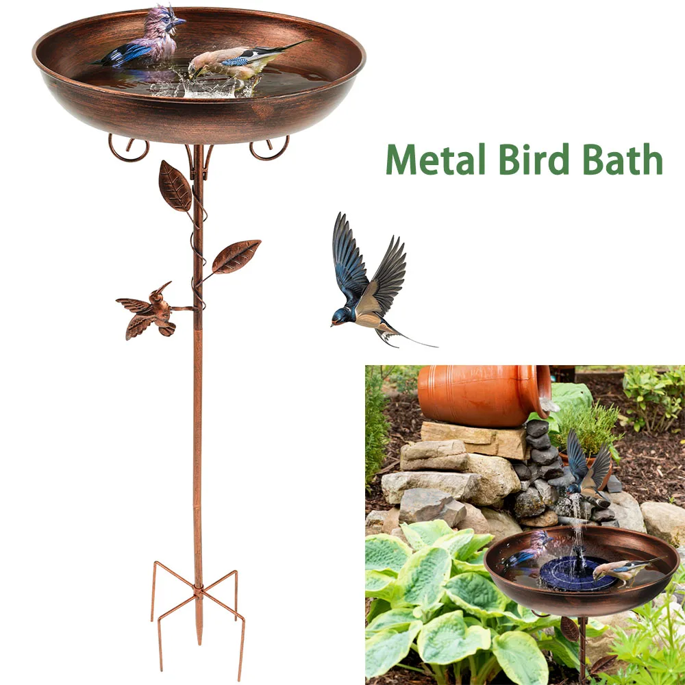 Metal Bird Bath 32 Inches Iron Bird Feeder Freestanding Vintage Birdbath Ground Stake Outdoor Garden Patio Yard Lawn