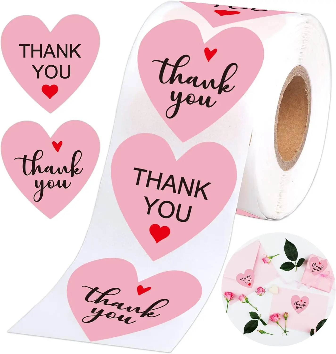 1.5 inch Pink Heart Shaped Thank You Sticker Roll Envelope Bouquet Wedding Birthday Party Supplies Business Stickers 500 PCS
