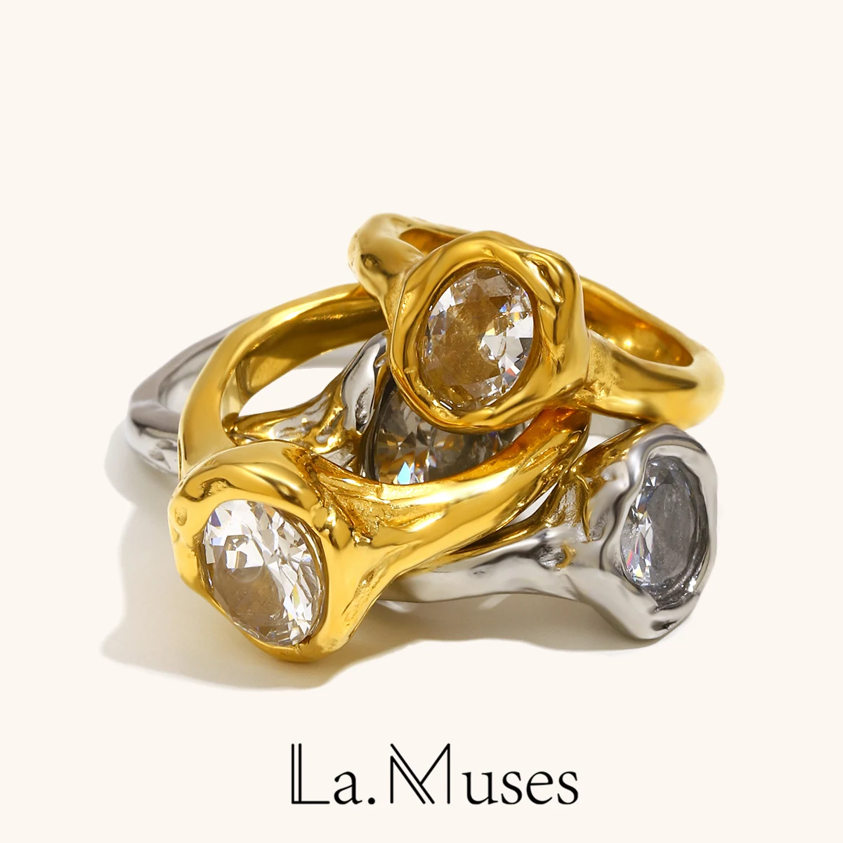 Women's Ring La. Muses Luxury Shiny Round Zircon Irregular Stainless Steel Women's Ring PVD Gold Plated Jewelry Accessories
