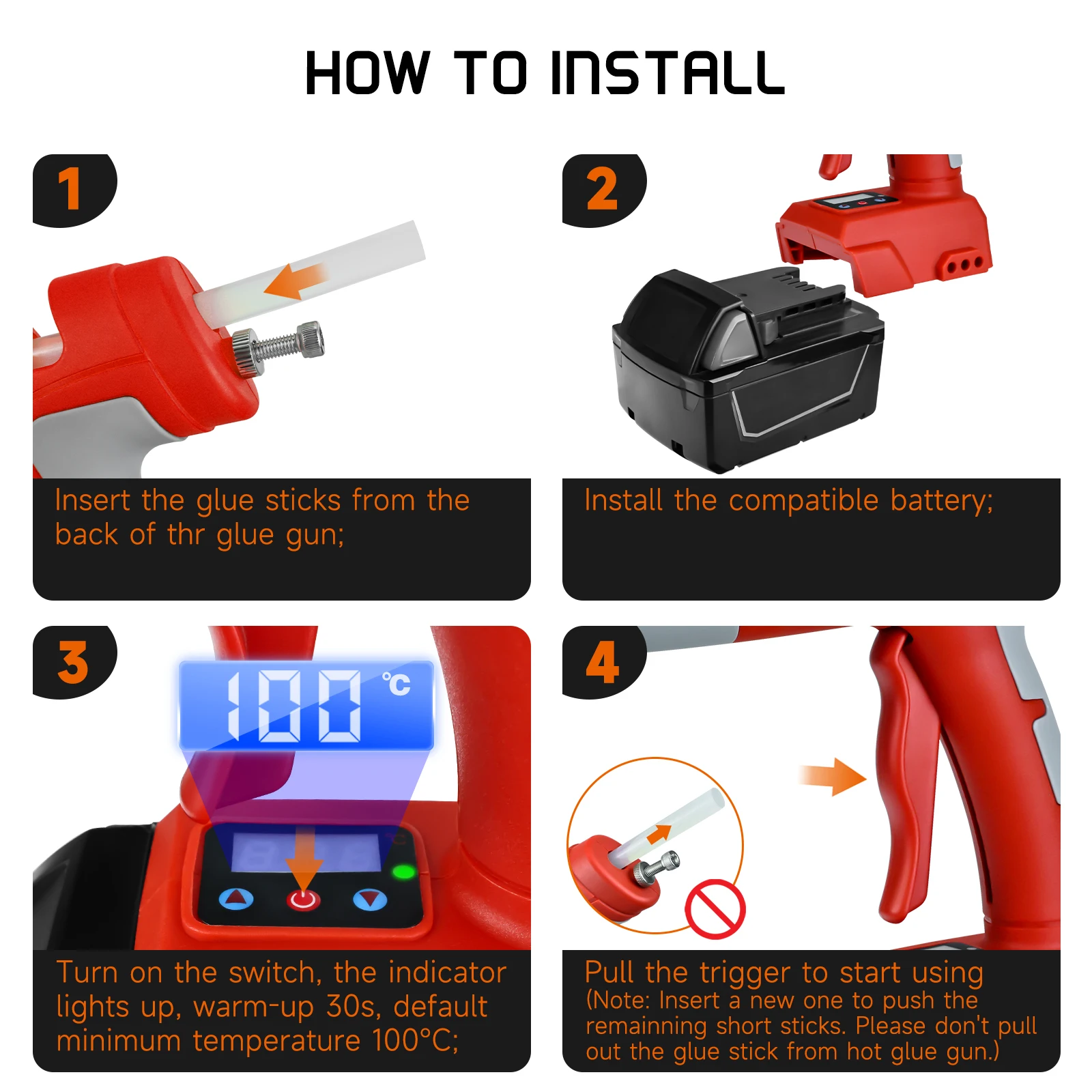 100W Cordless Hot Glue Gun 0-220℃ Digital Temperature Adjustable 10pcs 11mm Sticks For Milwaukee 18V Battery