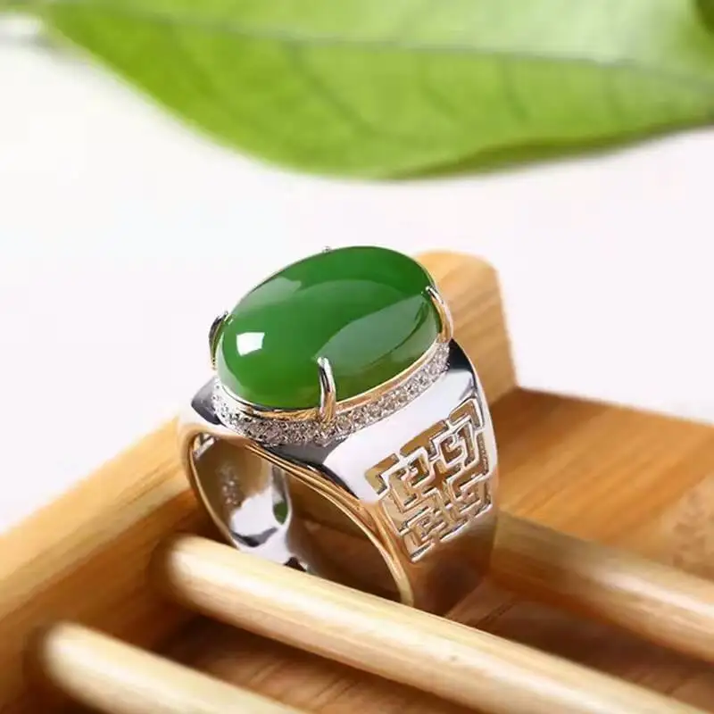 Chinese style green jade man's ring 12*16mm natural jade vintage 925 silver gemstone ring for man Luxurious silver man ring - Image 5