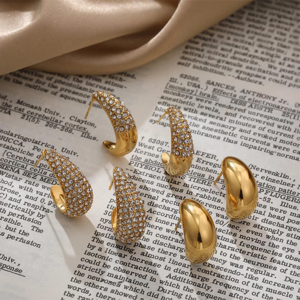 Sparkling Zircon C Shape Hoop Earrings for Women Stainless Steel Sleek Thick Ear Hoops Simple Daily New Jewelry Femal Party Gift