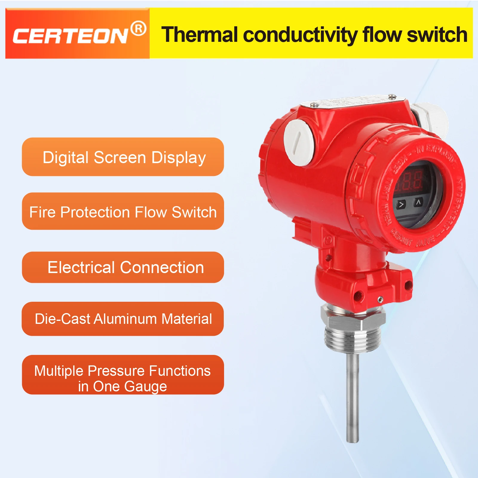 สวิตช์วัดการไหลแบบเทอร์มอล DC24V AC220V ชนิดแทรกสำหรับระบบปั๊มน้ำดับเพลิง เซ็นเซอร์วัดการไหล IP65 หน้าจอดิจิทัล 1