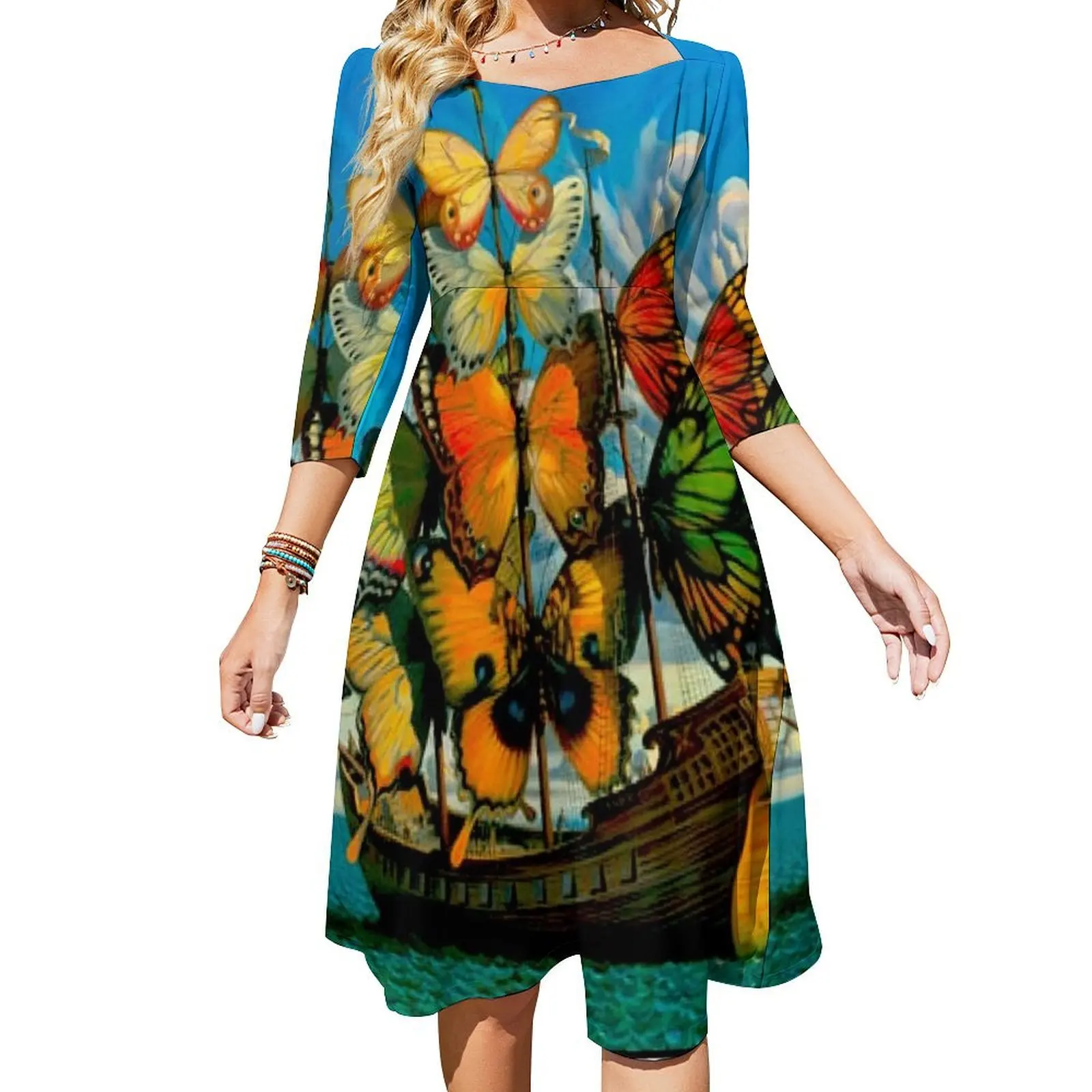 

Женское винтажное платье с принтом «бабочка», длинное платье с широким рукавом и абстрактным фантастическим принтом