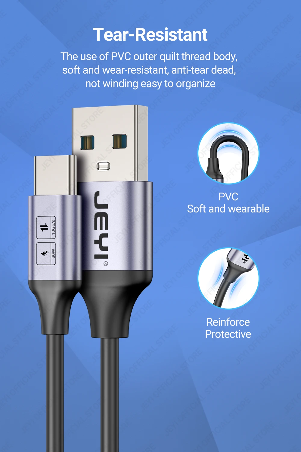 JEYI USB A auf Typ C Kabel Schnellladung 10 Gbit/s Ladekabel für iPhone 15 14 13 12 11 Huawei P40 P30 Realme Samsung Power Bank – Detail 6