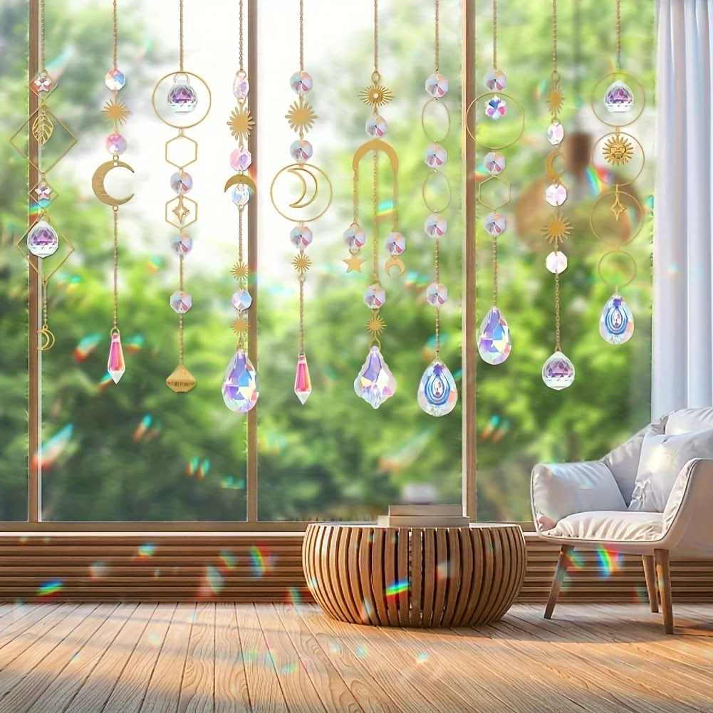 Suncatcher 200pcs/set DIY Colorful Glass Hanging Crystals Pendants Chain for Home Garden Decoration