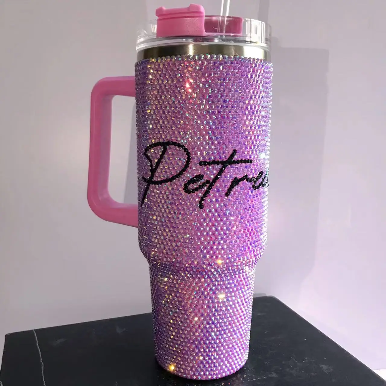 

Personalized Rhinestone 40oz Tumbler with Handle Lid and Straw Thermos Bottle Stainless Steel Tumbler Gift for Mom Gift for Her