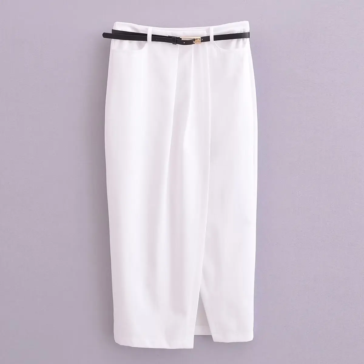 

Women's 2024 New Chic Fashion Hundred Matching Belt Pleated Split Design Midi Skirt Retro High Waist Zipper Skirt Mujer