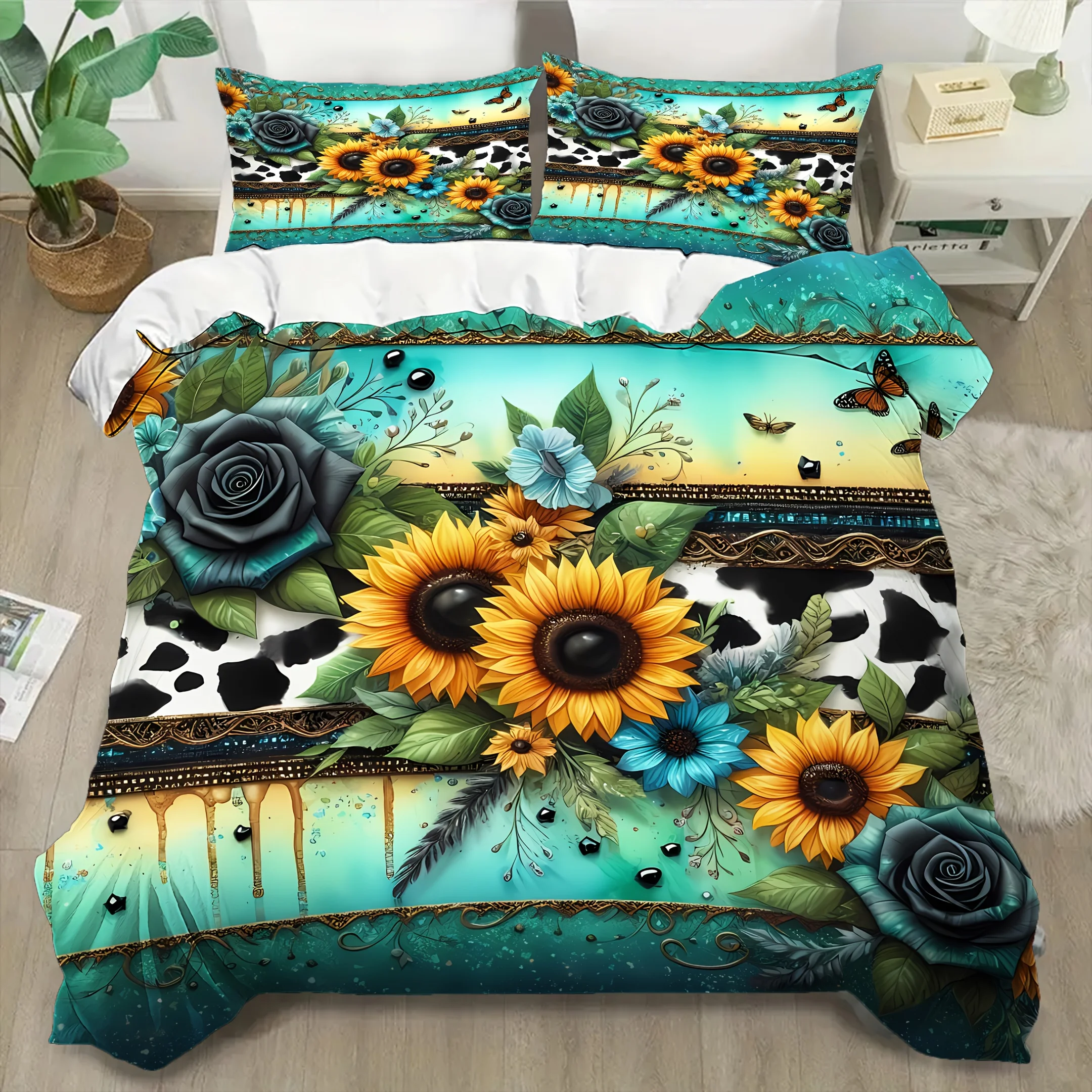 Ultra-Soft | Elegant 3pcs Ultra-Soft Sunflower Flower Duvet Cover Set | 1*Duvet Cover 2*Pillowcases, Without Core | Fashionable