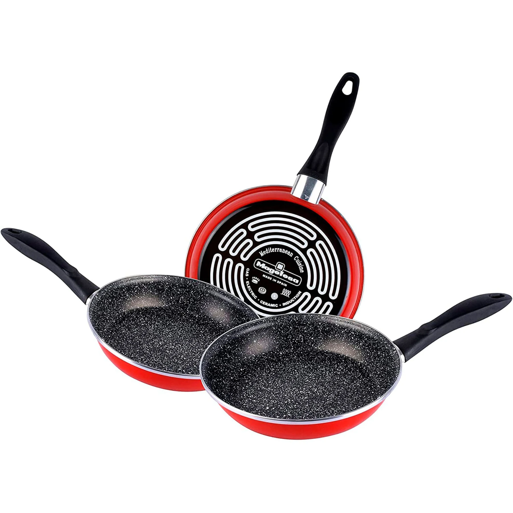 Magefesa K2 Rojo Juego 3 Sartenes 20-24-28cm, Inducción, Antiadherente PIEDRA libre de PFOA Acero Vitrificado, Rojo,