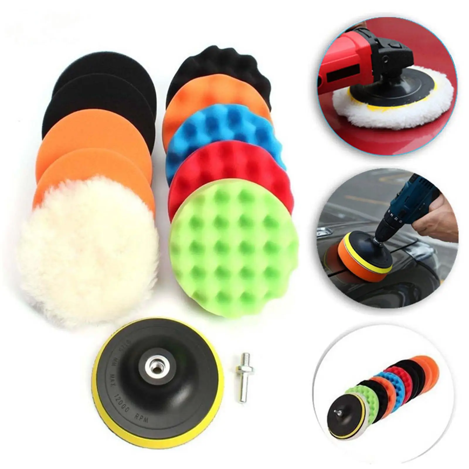 12x Car Polishing Pad Kits Reusable Round Drill Buffing for Compounding Polishing Sealing Glaze Waxing Automotive Detailing