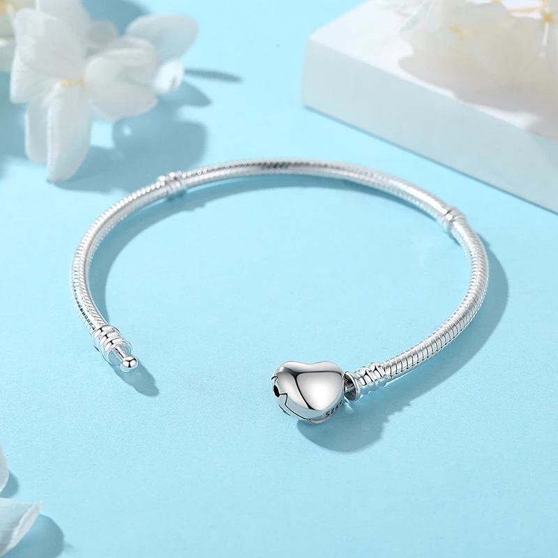 Original 925 Sterling Silver Bracelet for Women Charms Beads Rose Gold Heart Bangles Snake Chain Luxury Jewelry Gift