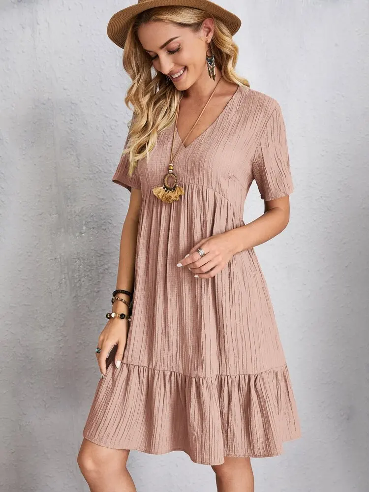 Elegant V Neck Ruffle Mini Dress - Womens Casual Summer Sundress