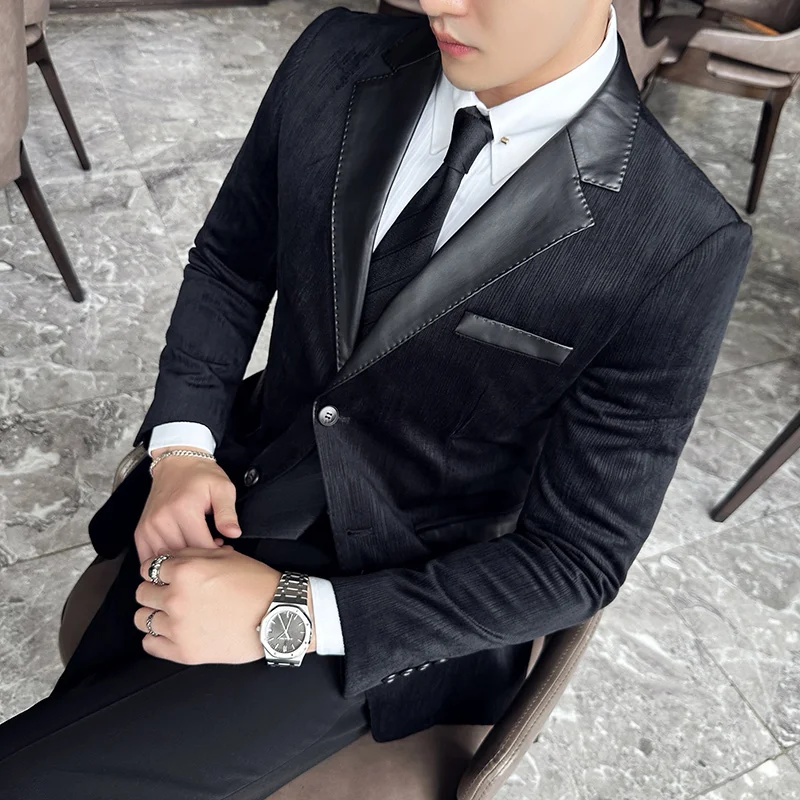 남성용 스웨이드 세트 재킷, 질감 감각, 두꺼운 가죽 스플라이싱 블레이저 재킷 및 코트, 3XL-M, 겨울 의류