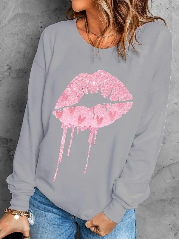Pink Sexy Lip Graphic Hoodies Round Neck Shift Casual Sweatshirts Comstylish Soft Pullover Double Sleeve Top Clothes