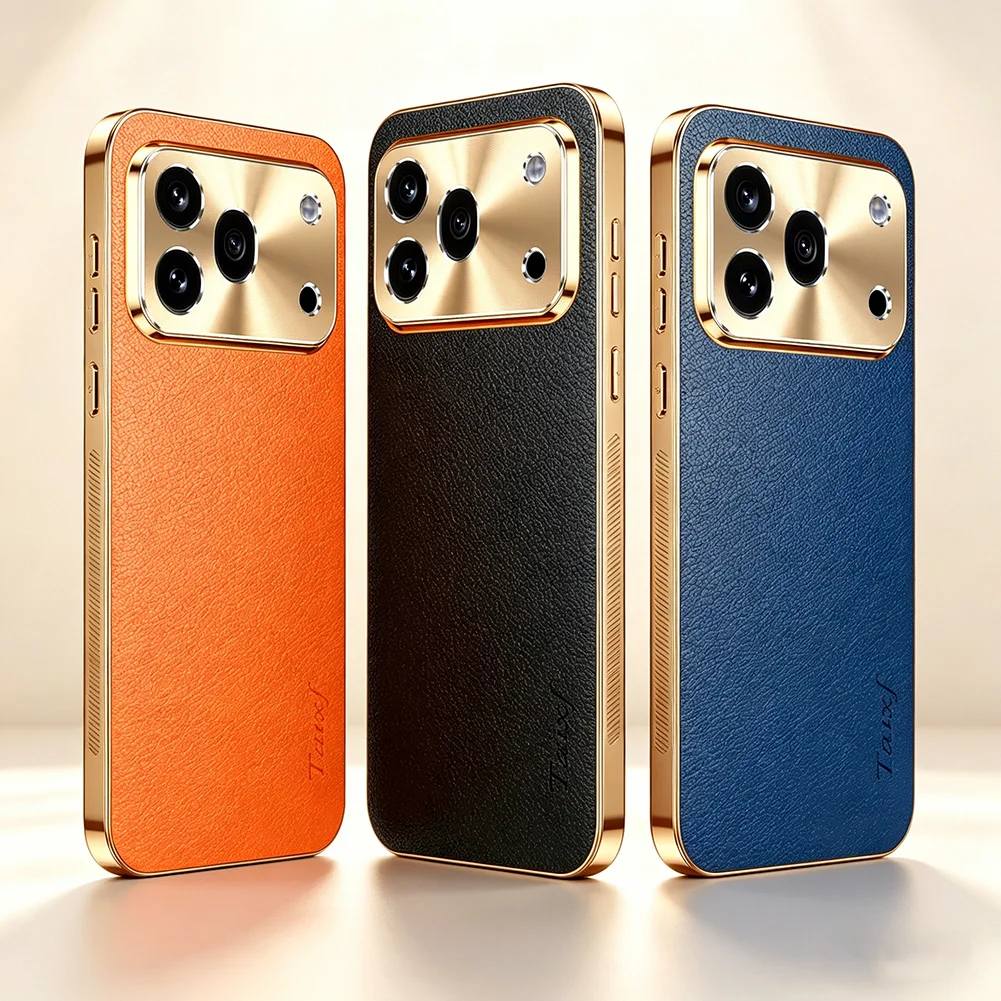 Cowhide Lychee Texture Electroplated Frame Phone Case