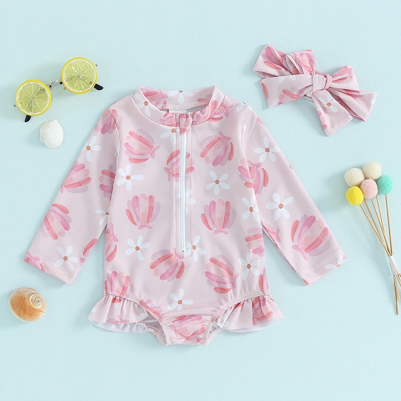 Infant Baby Girls Beach Swimwear Lovely Floral/Ice Cream Print Long Sleeve O-Neck Zip Up Ruffled Bathing Suit Toddlers Bikini
