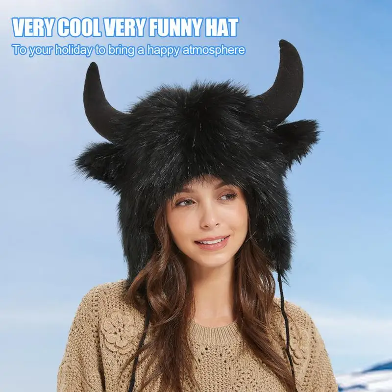 Cow Horn Pullover Hat Winter Thickened Warm Furs Hat Cute Ear Bomber Ear Protection Women Men Lei Feng Cosplay Accessories winter hat earflap hat faux fur hat