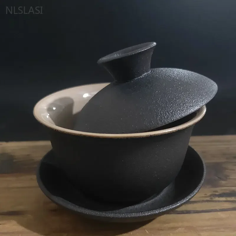 150ml Black Ceramics Gaiwan Teacup Household Handmade Tea Cups with Lid Customize Porcelain Teaware Portable Tea Infuser