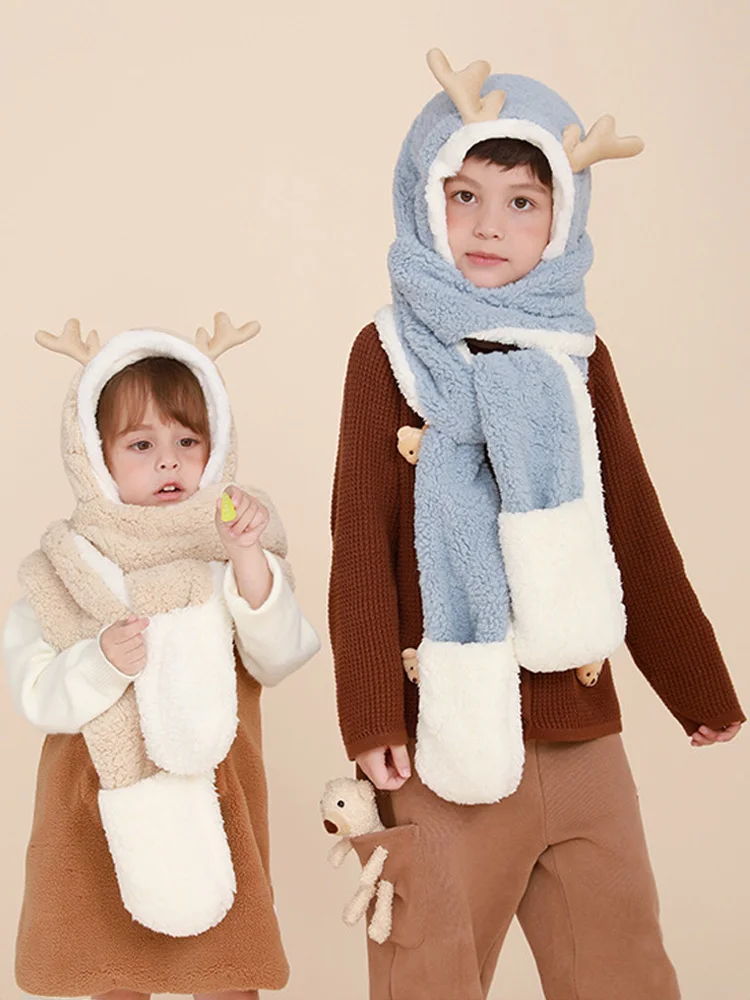 Children's all-in-one hat scarf and gloves for boys and girls to keep warm cold-proof Christmas suit available for