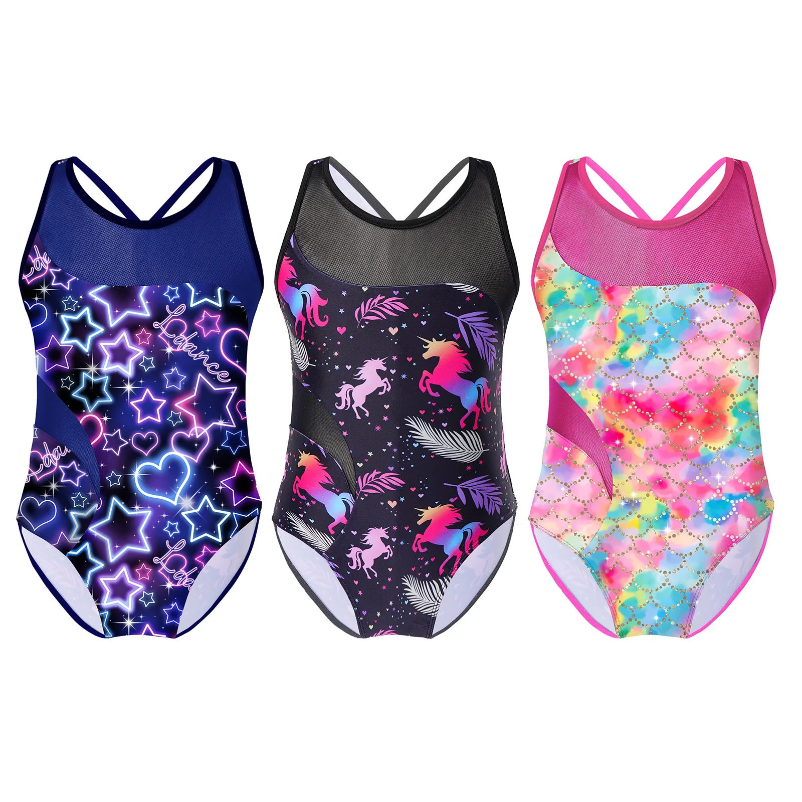 

Kids Girls Ballet Dance Leotard One-piece Sleeveless Mesh Cartoon Printed Bodysuit Yoga Figure Skating Gymnastic Dance Costume