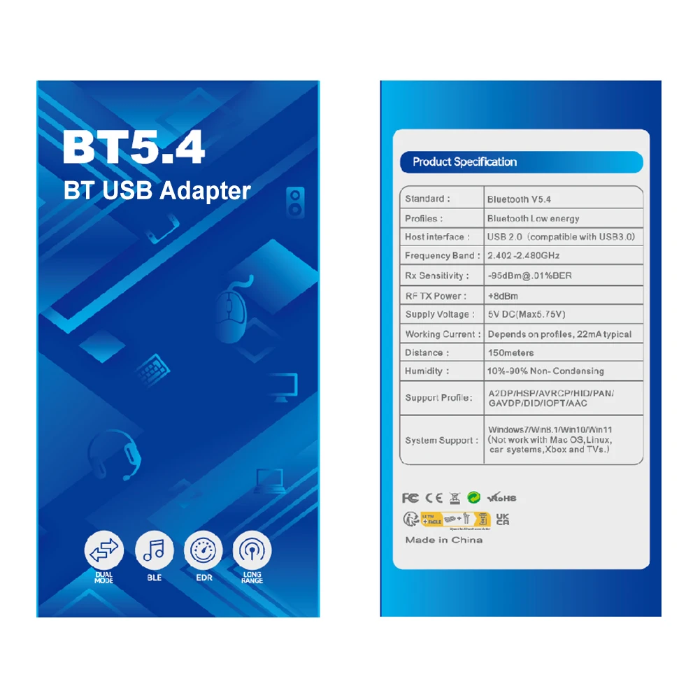 USB 블루투스 호환 5.4 어댑터, USB 무선 리시버, 음악 오디오 리시버 송신기용, 윈도우 11, 10/8.1/7 지원
