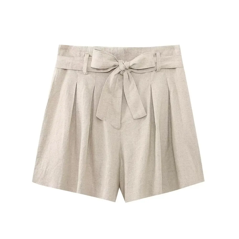 Jenny&Dave Belted Ladies Loose Bermuda Women French Country Linen Beige Lounge Shorts