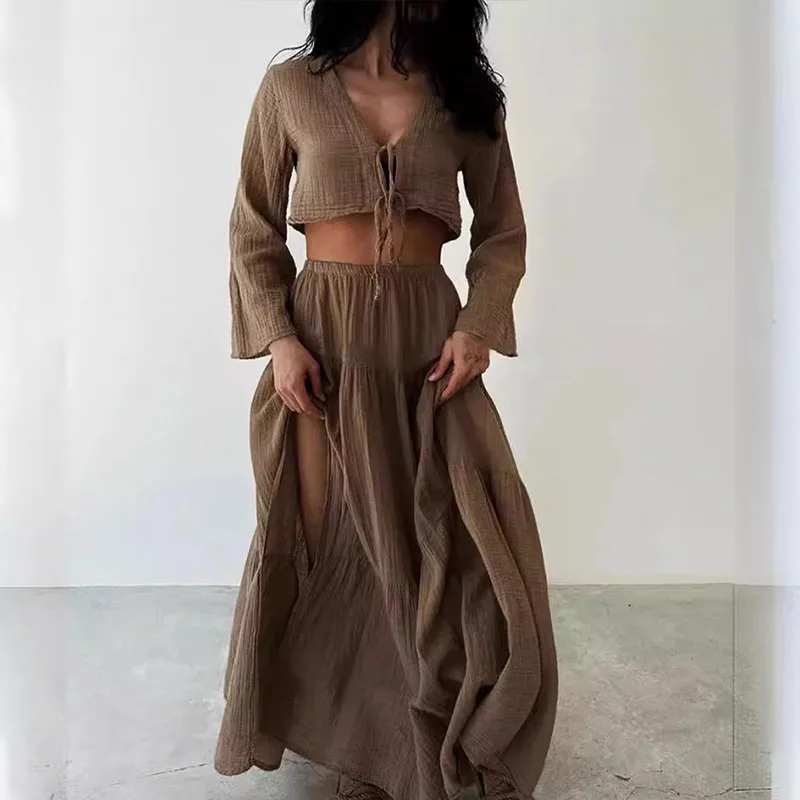 

Cotton Linen Long Skirt Outfits Sexy V-neck Tie-up Hollow Tops & Split Skirt Suit Women Casaul Long Sleeve Solid Loose 2Pc Sets