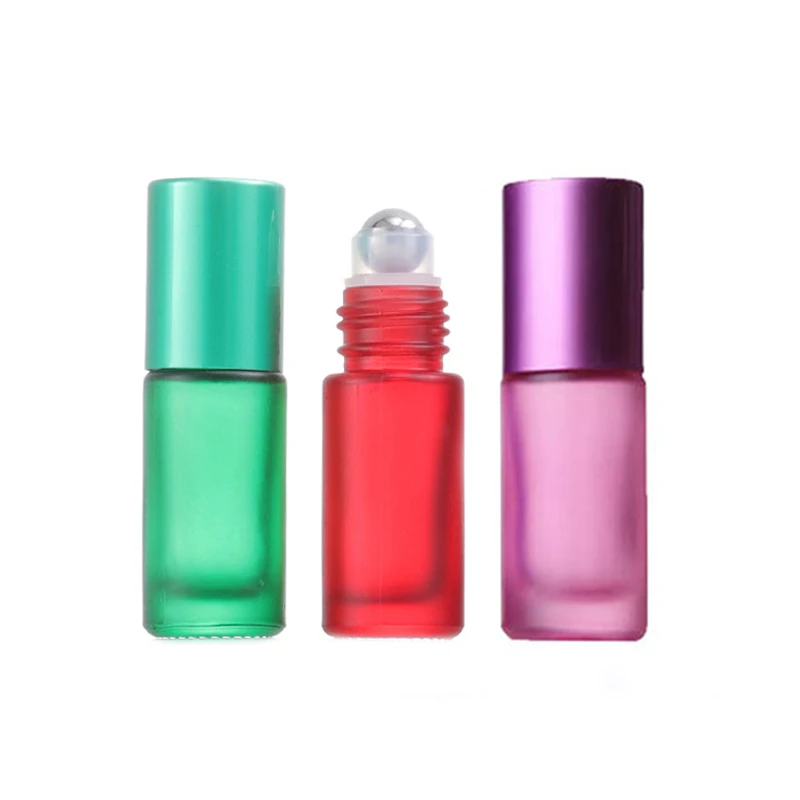 

2pcs 5ML Portable Travel Essential Oil Perfume Bottles Roll Refillable Frosted Colorful Roller Ball Thick Glass Vial