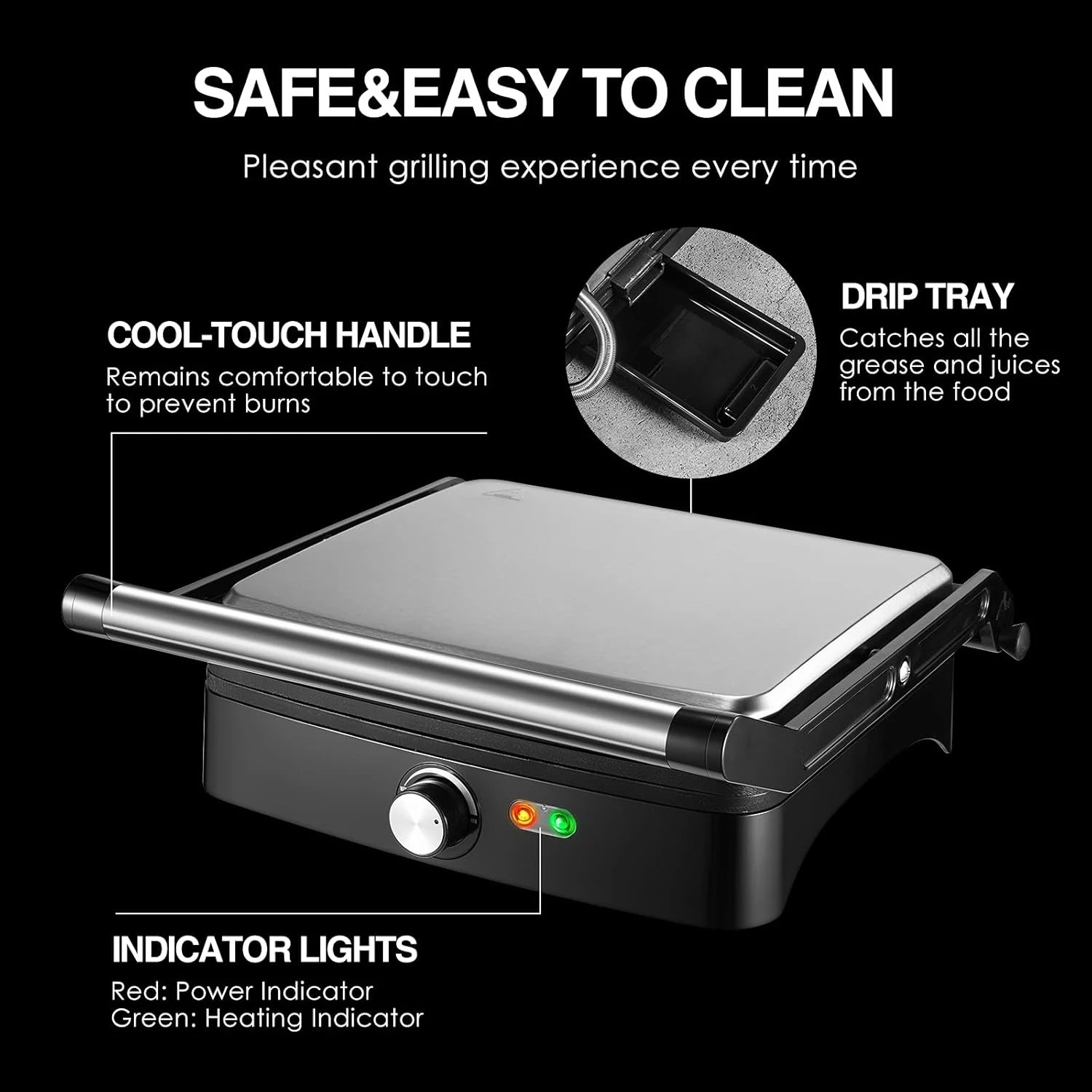 1200W Panini Press Grill with Adjustable Temperature, 4-Slice Indoor Grill, 180° Open Sandwich Maker with Drip Tray 5