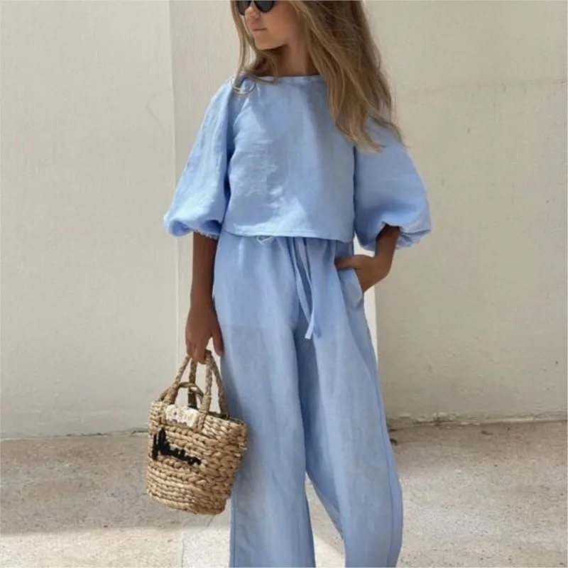 Set di vestiti in cotone di lino per neonata camicia + pantalone 2 pezzi Set di abbigliamento per bambini per neonati in tinta unita vestiti per bambini primaverili 1-7Y - immagine 5