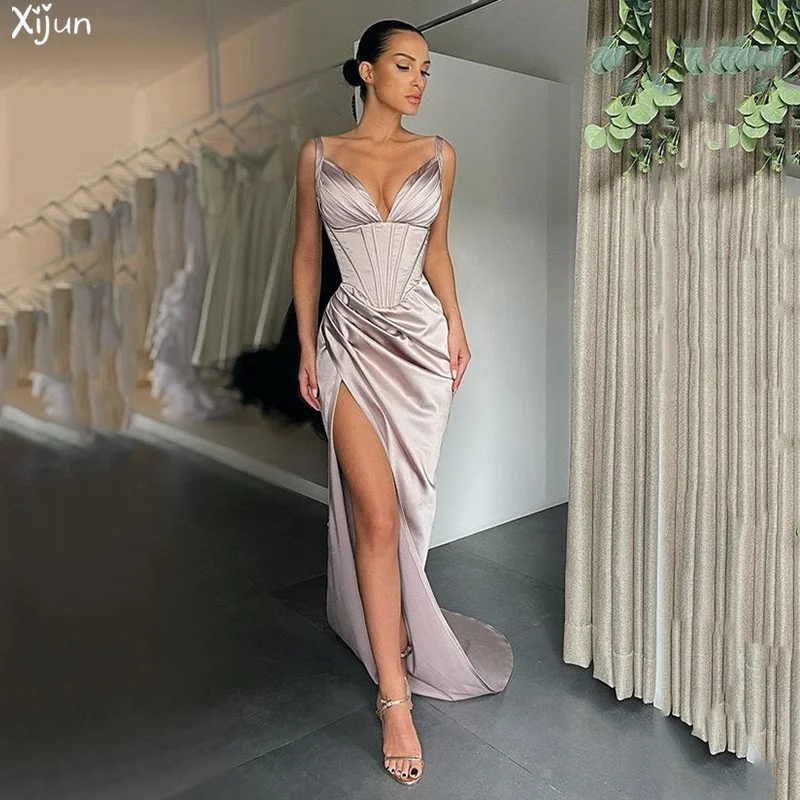 

Xijun Sexy Mermaid Prom Dresses Deep V Neck Spaghetti Strap Party Gowns Women Arabic Saudi Arabiaside Split Evening Dress