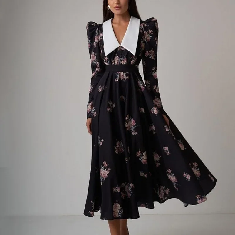 

Vintage Women Corset Party Dress Y2K Chic Clothes Baroque French Elegant Long Sleeve Lapel Collar High Waist Floral Print Dress